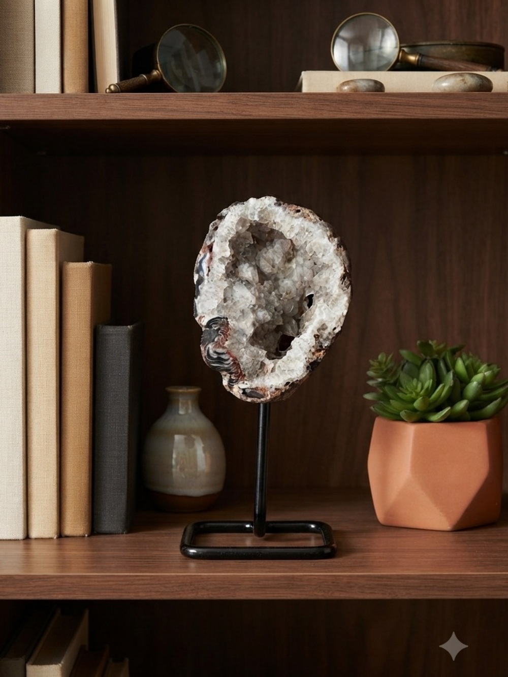 Natural Clear Quartz Geode Display on Black Stand